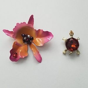 Joan Rivers Orchid and Turtle pin brooches